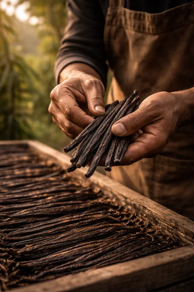 Manos trabajando con vainas de vainilla